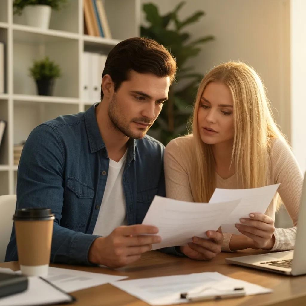 Couple reviewing property documents in a home office