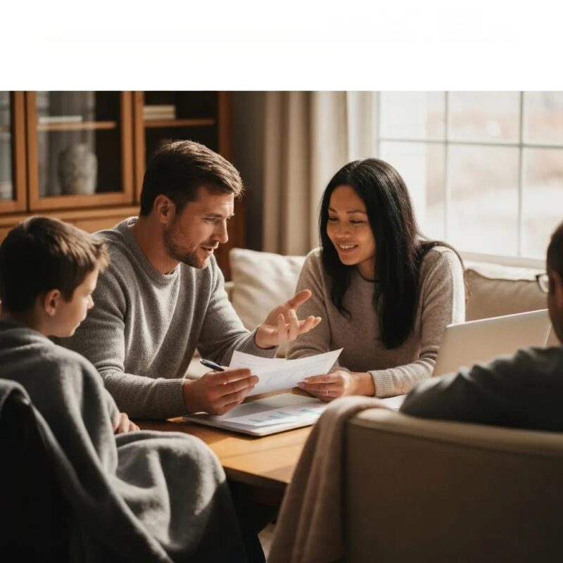Family discussing asset division in a cozy living room
