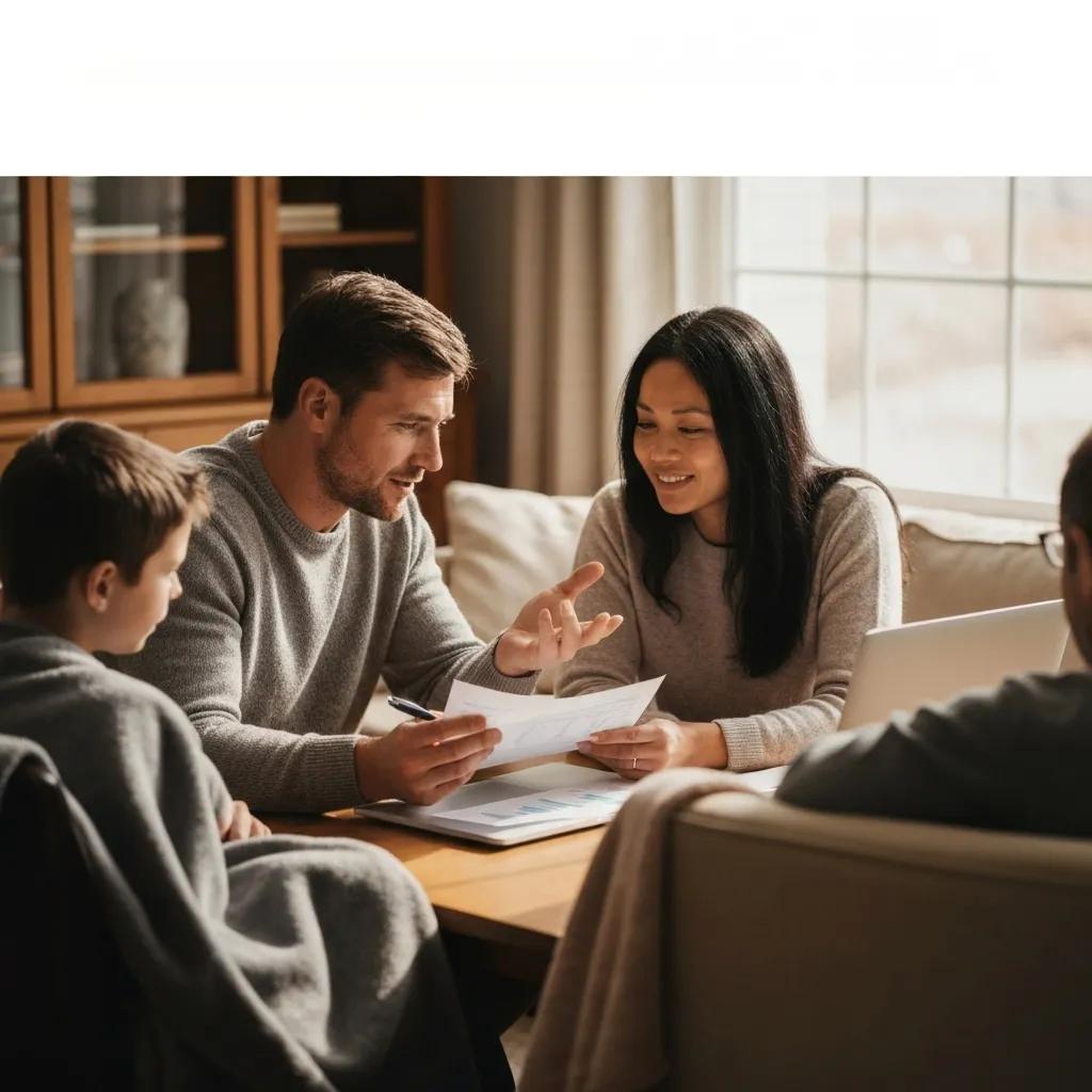 Family discussing asset division in a cozy living room