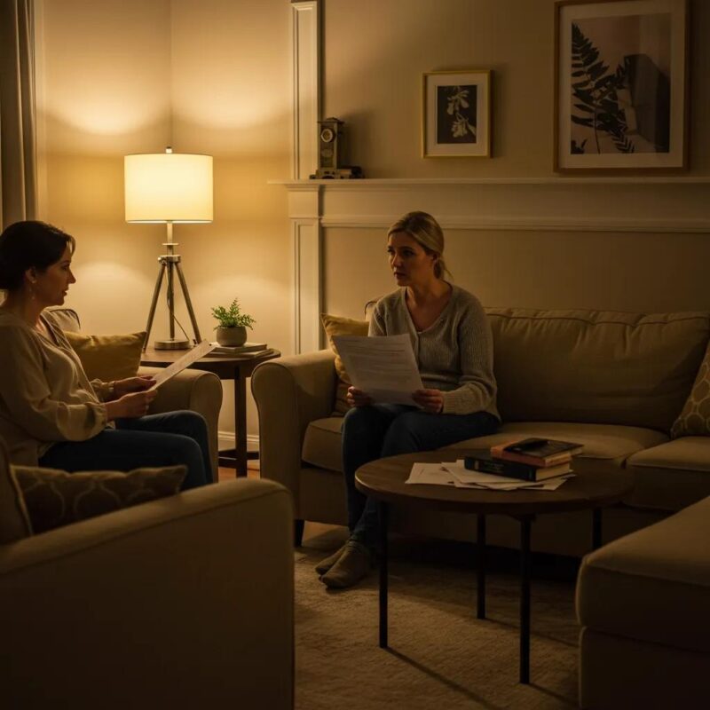 Cozy living room scene with a couple discussing divorce papers, emphasizing emotional support during divorce