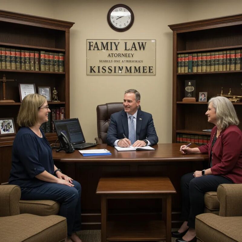 Family law attorney consulting with a client in a welcoming office setting