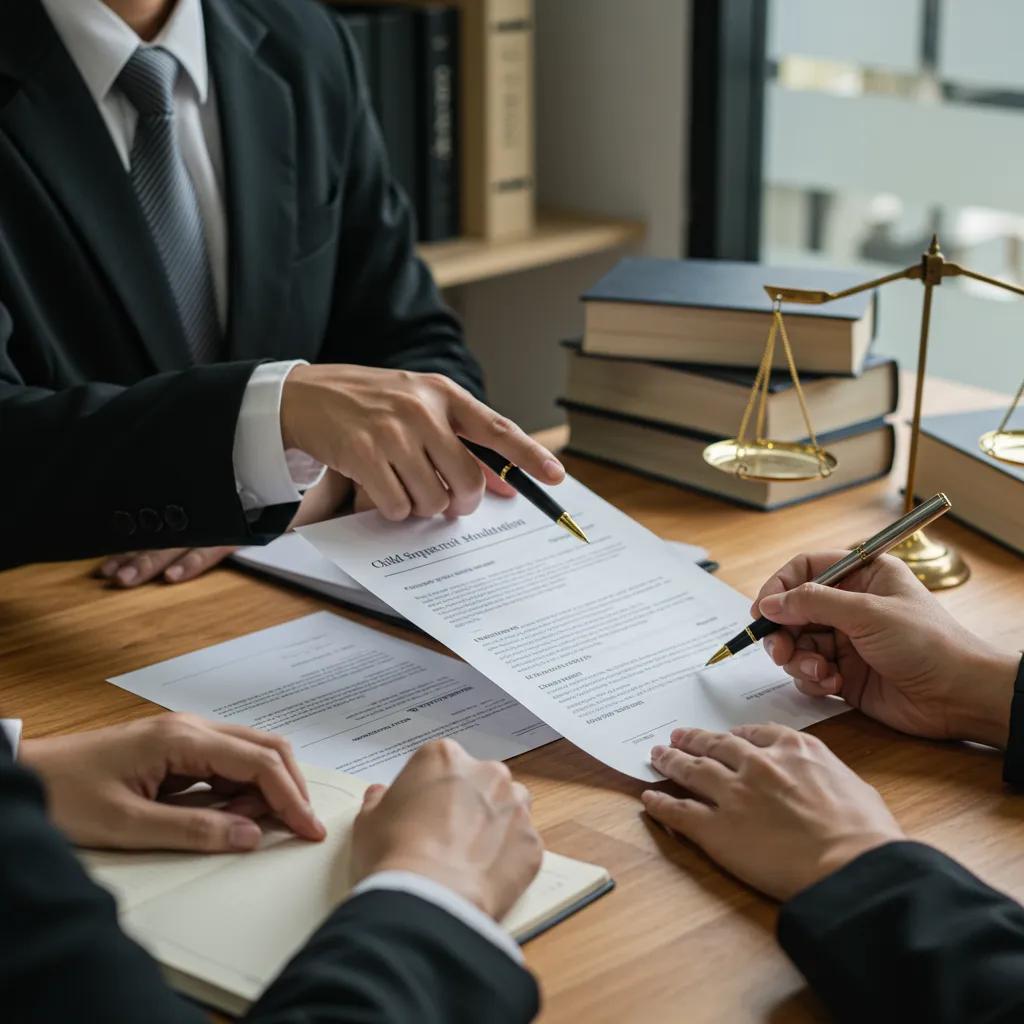 Lawyer and client reviewing child support modification documents in an office