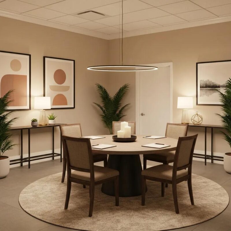 Mediation room setup for divorce discussions, emphasizing a peaceful and collaborative environment