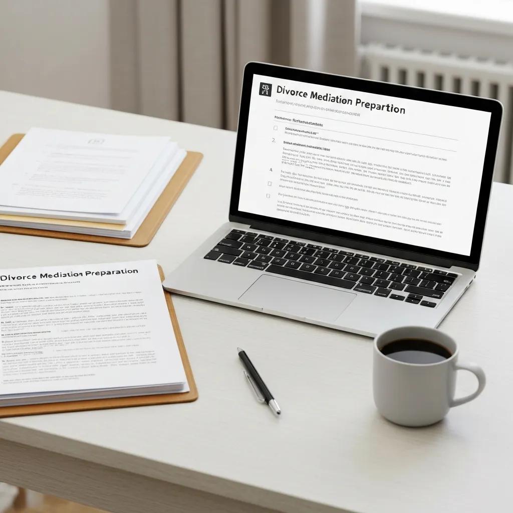 Organized workspace with a checklist for divorce mediation preparation, emphasizing the importance of being ready