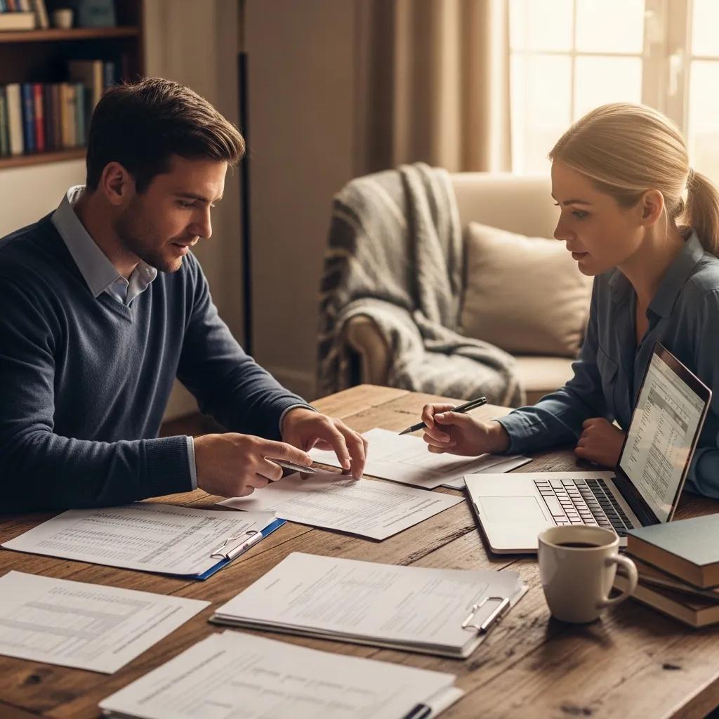 Couple discussing divorce financial documents in a cozy home setting