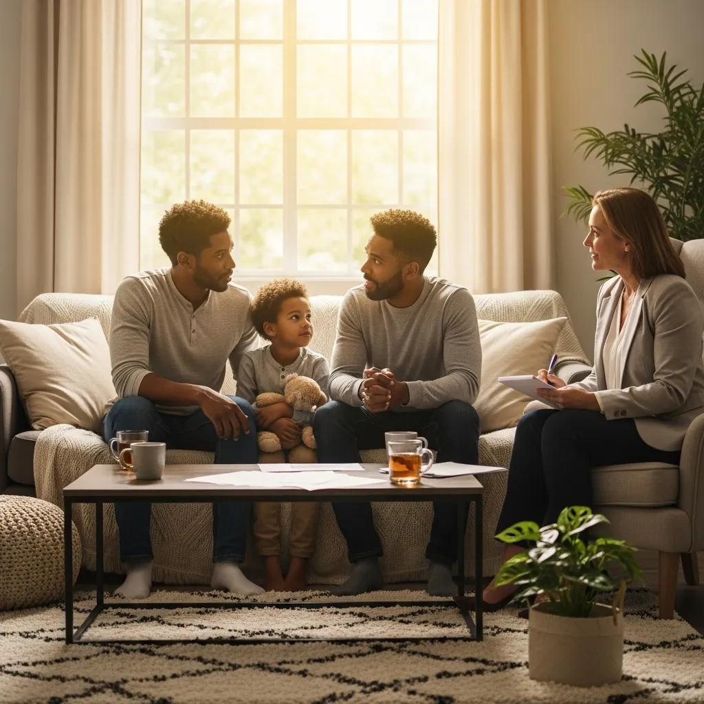 Family discussing child custody arrangements with a lawyer in a cozy living room