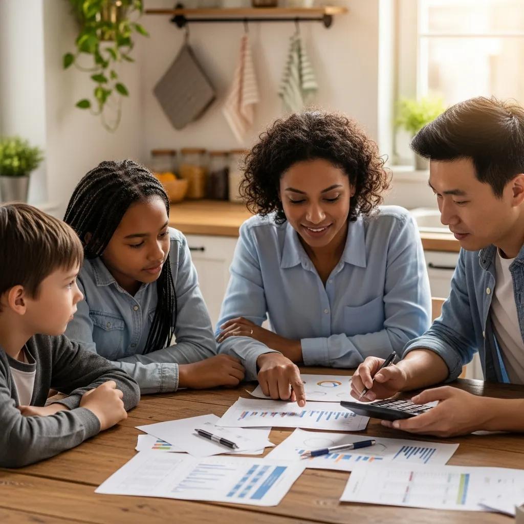 Family discussing child support calculations at a kitchen table, emphasizing collaboration and understanding