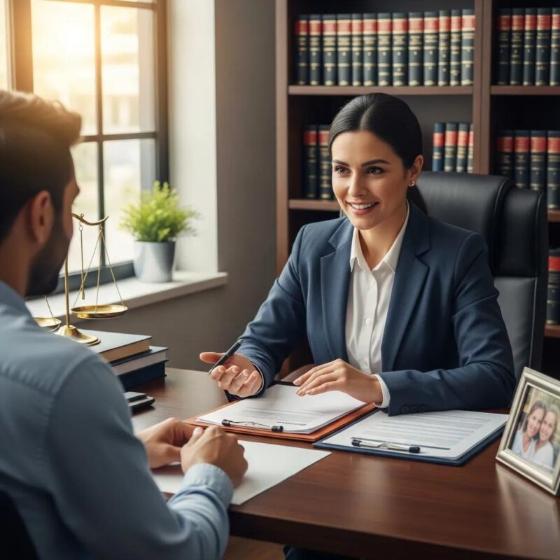 Family law attorney consulting with a parent about child custody, emphasizing support and legal guidance